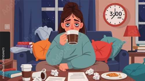 Flat vector illustration of a woman drinking excessive coffee late at night, poor sleep routine and caffeine dependency habit concept