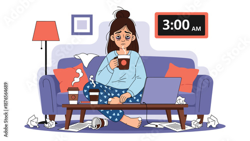 Flat vector illustration of a woman drinking excessive coffee late at night, poor sleep routine and caffeine dependency habit concept