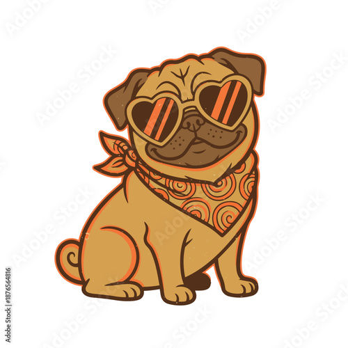 A retro, playful cartoon-style illustration of a dachshund wearing heart-shaped sunglasses