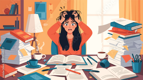 Vector illustration of a woman with a cluttered workspace full of unfinished tasks, disorganization habit and productivity issue concept