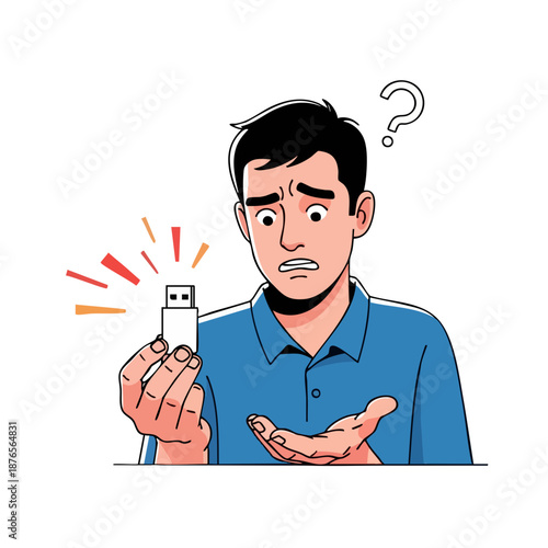 Confused Man Holding Broken USB Drive with Question Mark.