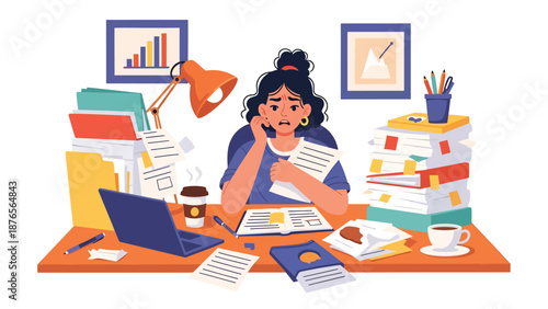 Vector illustration of a woman with a cluttered workspace full of unfinished tasks, disorganization habit and productivity issue concept