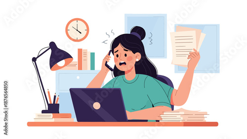 Flat vector illustration of a woman overwhelmed by multitasking with phone and laptop, poor focus and productivity habit concept