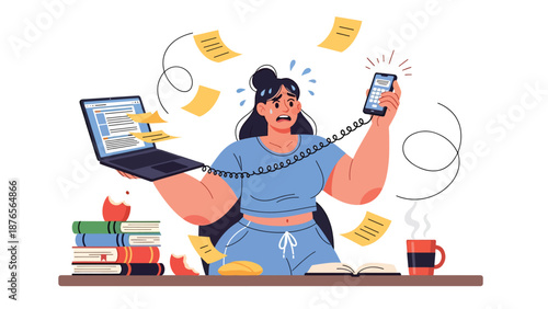 Flat vector illustration of a woman overwhelmed by multitasking with phone and laptop, poor focus and productivity habit concept