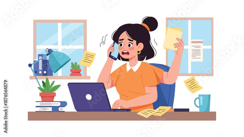 Flat vector illustration of a woman overwhelmed by multitasking with phone and laptop, poor focus and productivity habit concept