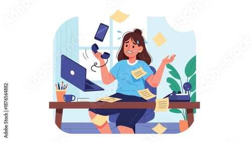 Flat vector illustration of a woman overwhelmed by multitasking with phone and laptop, poor focus and productivity habit concept