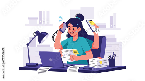 Flat vector illustration of a woman overwhelmed by multitasking with phone and laptop, poor focus and productivity habit concept