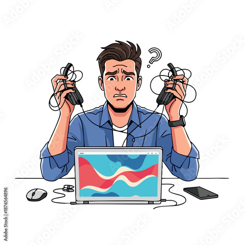 Confused Man with Tangled Headphones and Laptop.