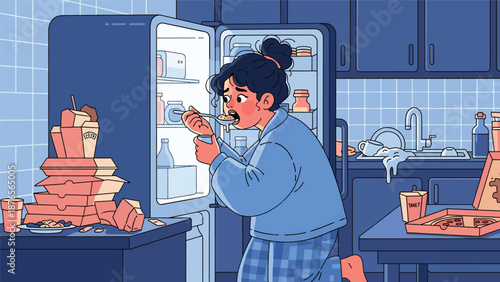 Vector illustration of a woman eating late at night from refrigerator, unhealthy routine and poor eating schedule habit concept