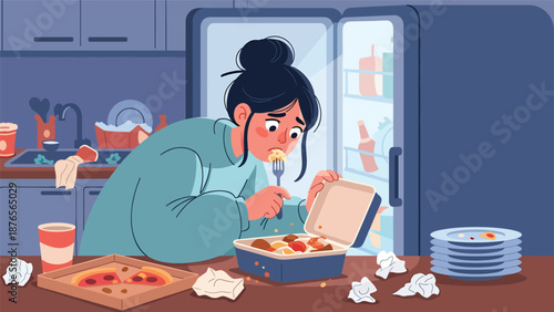 Vector illustration of a woman eating late at night from refrigerator, unhealthy routine and poor eating schedule habit concept