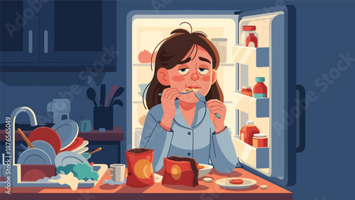 Vector illustration of a woman eating late at night from refrigerator, unhealthy routine and poor eating schedule habit concept