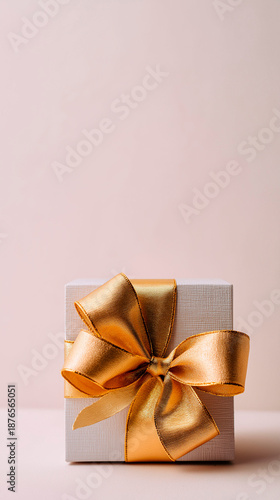 Pink Gift Box with Large Gold Ribbon on Soft Background