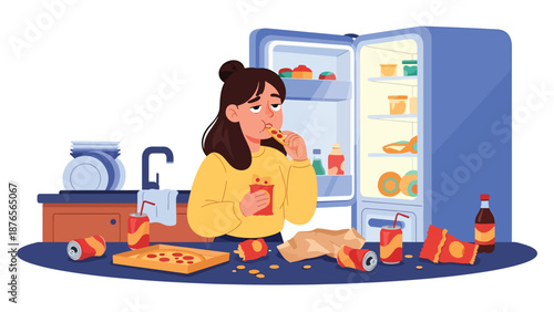 Vector illustration of a woman eating late at night from refrigerator, unhealthy routine and poor eating schedule habit concept