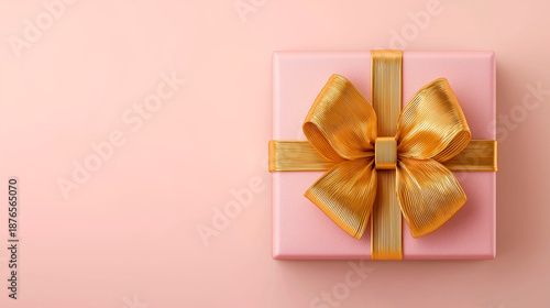 Pink Gift Box with Large Gold Ribbon on Soft Background
