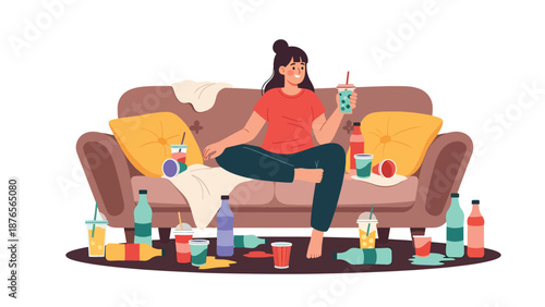 Flat vector illustration of a woman drinking sugary beverages frequently, unhealthy diet habit and excessive sugar consumption concept