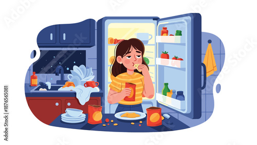 Vector illustration of a woman eating late at night from refrigerator, unhealthy routine and poor eating schedule habit concept