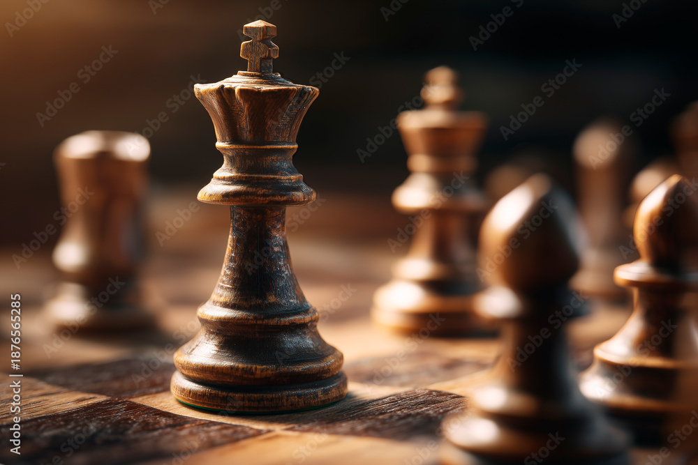 Fototapeta premium King chess piece stands on board, other pieces nearby. Dramatic light illuminates board and chess figures. Game strategy, leadership, and intelligence theme