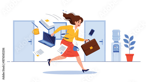 Vector illustration of a woman rushing and spilling items due to poor time management, daily chaos habit concept