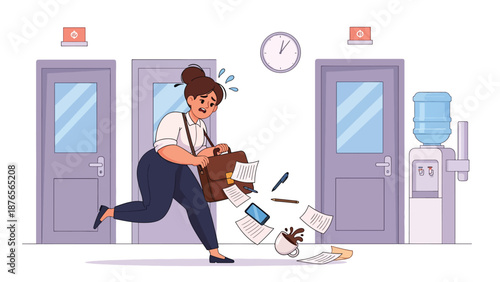 Vector illustration of a woman rushing and spilling items due to poor time management, daily chaos habit concept