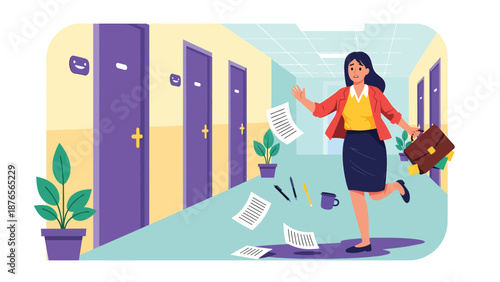 Vector illustration of a woman rushing and spilling items due to poor time management, daily chaos habit concept