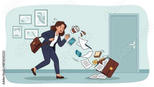 Vector illustration of a woman rushing and spilling items due to poor time management, daily chaos habit concept