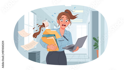 Vector illustration of a woman rushing and spilling items due to poor time management, daily chaos habit concept