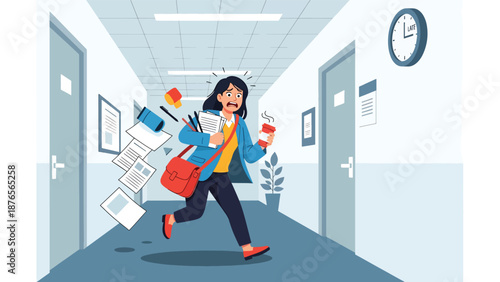 Vector illustration of a woman rushing and spilling items due to poor time management, daily chaos habit concept