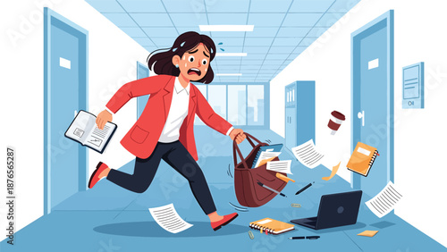 Vector illustration of a woman rushing and spilling items due to poor time management, daily chaos habit concept