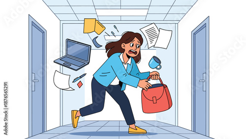 Vector illustration of a woman rushing and spilling items due to poor time management, daily chaos habit concept