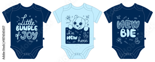 Baby Onesie Set Little Bundle of Joy Newborn Illustration New Here Newbie Vector Apparel
