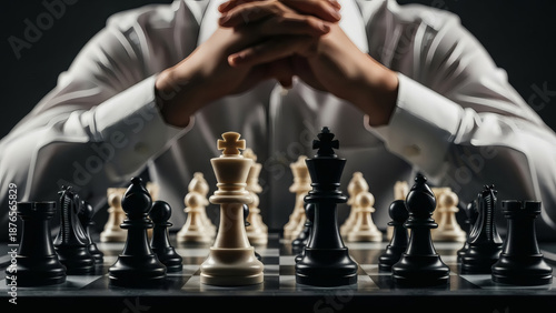 Business strategy and competition concept: Close-up of a professional person planning their next move on a chessboard, hands clasped, symbolizing leadership, decisive action, and corporate rivalry aga