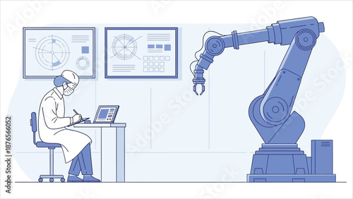 Robotic-assisted surgical procedure in a futuristic operating theater. Surgeons use high-tech medical interfaces. Advanced healthcare and medical technology illustration