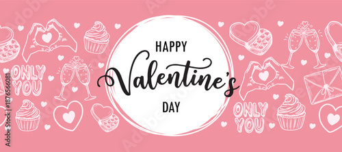 Horizontal pink banner featuring happy valentine's day greeting and cute hand drawn icons