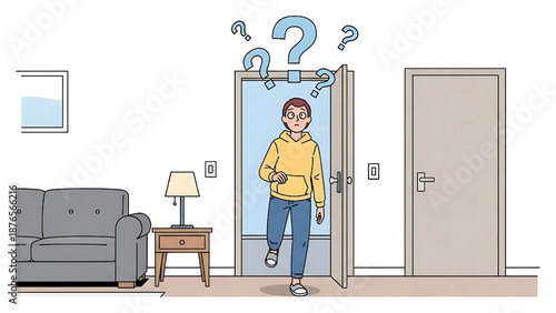A young man faces a crucial decision, grappling with uncertainty and surrounded by question marks, as he contemplates his next step through an open doorway