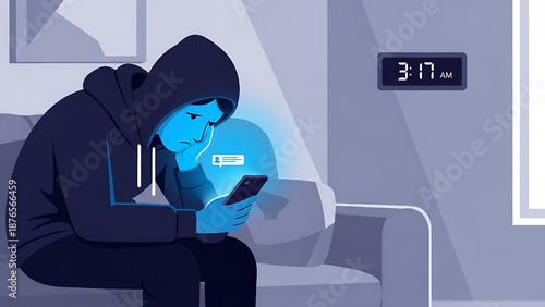 Teenager feeling lonely and isolated while looking at a mobile phone in the middle of the night, reflecting modern digital age struggles