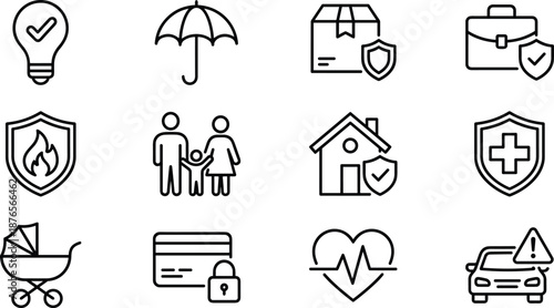 Black and White Line Icons of Insurance, Safety, Protection, Security, and Risk Management Concepts for Financial and Personal Coverage