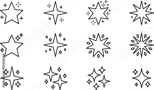 Black and White Line Icons of Stars, Sparkles, and Decorative Elements for UI Design, Celebration, and Graphic Enhancement