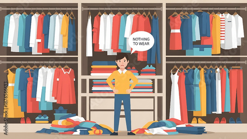 Closet Organization A Man Stands Amidst a Pile of Clothes Considering What to Wear