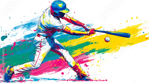Colorful splash art of a baseball player hitting a ball with a bat