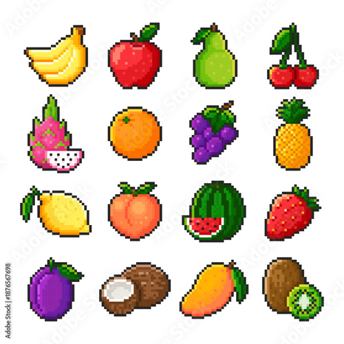 Retro 8-bit pixel art fruits and berries vector icons set isolated on white background.