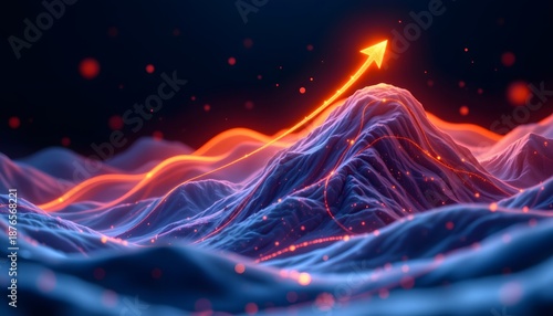 Ascending Mountains: a digital depiction of a mountain range with glowing lines emphasizing an upward trend. This image suggests growth, progress, and ambition.