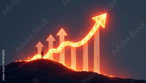 Visionary's Ascent: A lone figure gazes upon a luminous, upward-trending arrow, a beacon of progress and unwavering determination. A visual testament to ambition and the relentless pursuit of goals.