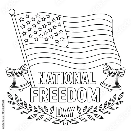 National Freedom Day Colouring Page with American Flag and Liberty Bells