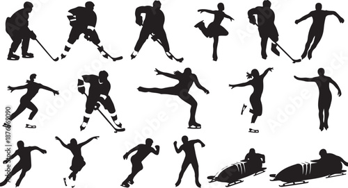 Collection of Ice Skating and Bobsledding Silhouettes figure skating hockey