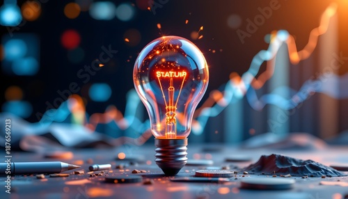 Illumination and Progress: A glowing light bulb, representing ideas and innovation, shines brightly against a backdrop of financial growth charts.