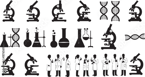 Collection of Science and Medical Icons Featuring Microscopes DNA and Scientists Keywords: microscope, science, laboratory, research, biology, chemistry, medical, health, equipment, technology, D