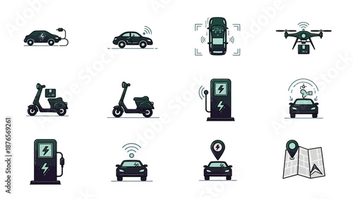 This flat vector illustration displays a wide collection of smart home and digital service icons, representing modern connected living and technology-driven convenience. The image symbolizes automatio
