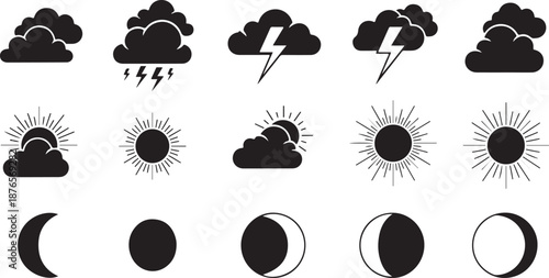 Collection of weather icons including clouds sun and moon phases Keywords: weather icons cloud lightning storm sun moon crescent full moon half moon new moon eclipse celestial bodies sky forecast