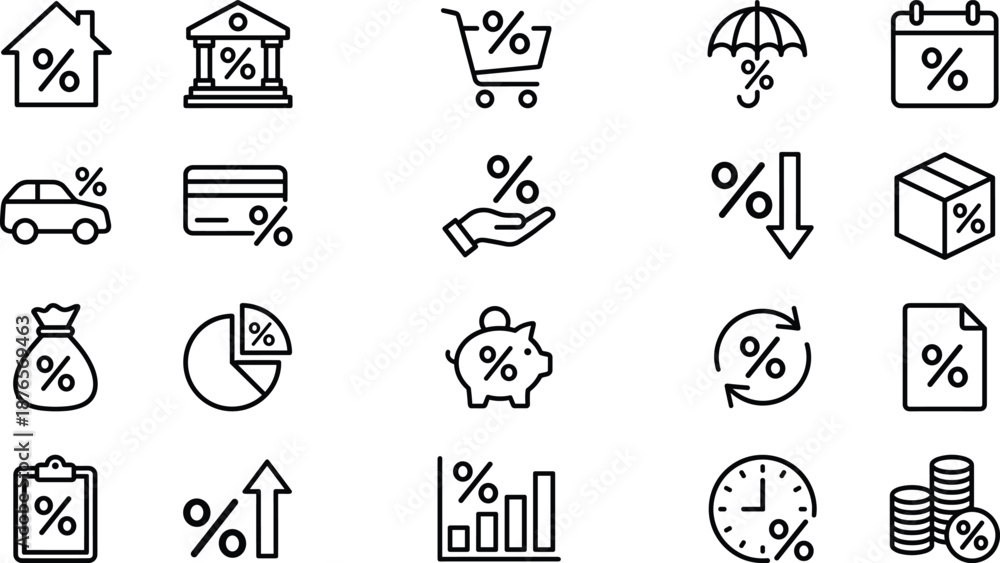 Fototapeta premium Financial Percentage and Interest Rate Outline Icons for Banking, Real Estate, and Sales
