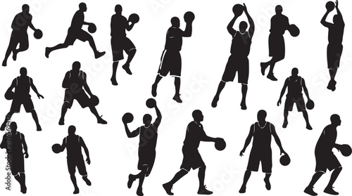 Dynamic silhouettes of basketball players in various action poses with a ball sport